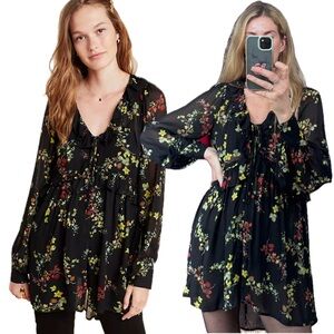 Anthropologie Maeve Jamison Tunic Floral Ruffle Sheer Button Mini Boho Dress